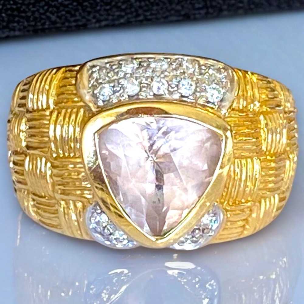 EXQUISITE Estate 14k Yellow Gold Trillion Kunzite and Diamond Cocktail Ring Sz 7
